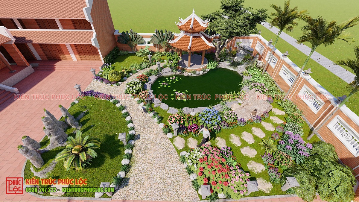 Nhà lục giác thiết kế hiện đại kết hợp với tiểu cảnh sân vườn
