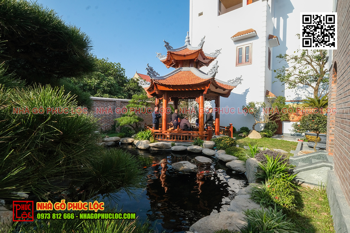 Tiểu cảnh chòi lục giác trong nhà gỗ